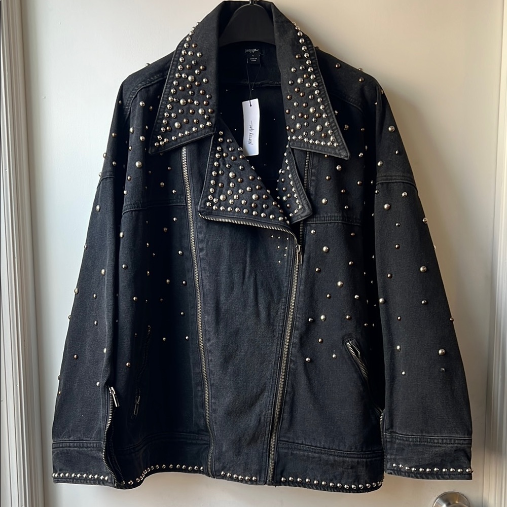Nasty Gal Studded Black Denim oversize biker Jacket size L
